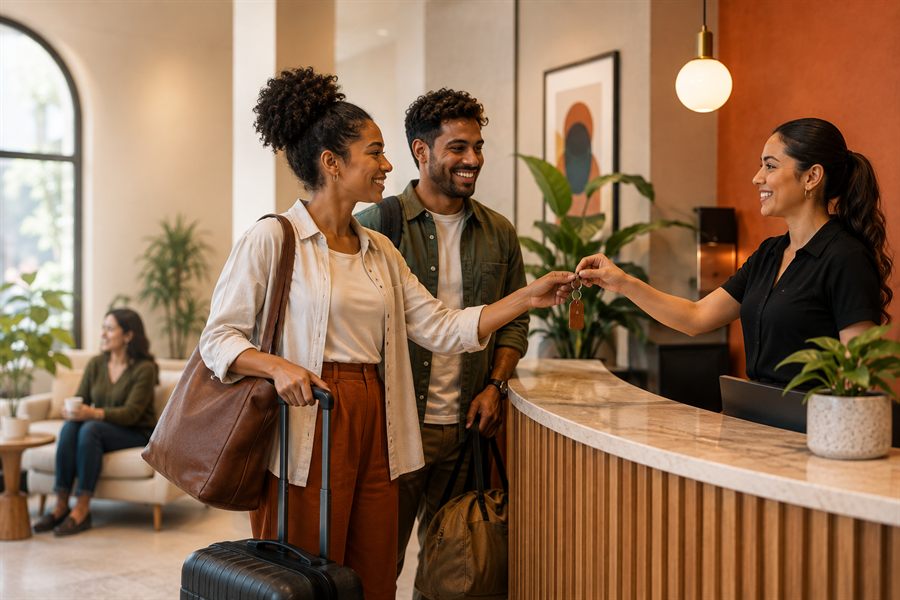 A couple collecting their key at a boutique hotel reception desk, luggage beside them